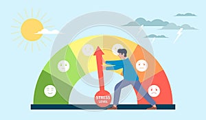 Stress level concept. Colourful mood scale, tired business man reduce anxiety and tired. Pain and emotions measure