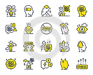 Stress line icons. Mental health, depression and confusion thoughts outline icons. Vector