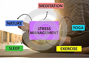 Stress management techniques. Woman meditating, closeup