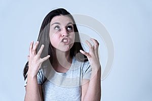 Stress and mental health, Beautiful young woman with angry face looking furious and desperate