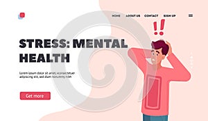 Stress, Mental Health Landing Page Template. Young Man Stress, Shock or Confused Emotion. Astonished Male Character