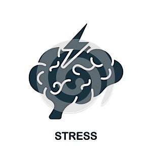 Stress, Mental Problem Silhouette Icon. Migraine, Cephalalgia, Depression Glyph Pictogram. Human Brain with Lightning photo