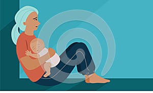 Stress mother sitting and hold her baby. Postpartum Anxiety and depression concept.