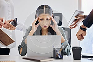 Stress, multitask and an overwhelmed business woman at work on a laptop in her office for a deadline. Technology