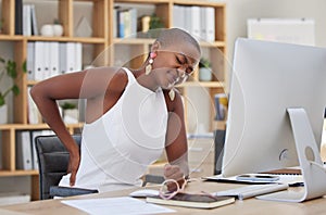 Stress, office or black woman with back pain injury, fatigue or burnout in business or startup company. Posture problems