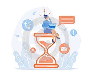 stress in the office, ired and exasperated business woman is sitting on an hourglass and grabbed his head with business process