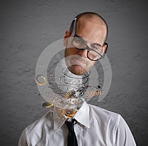 Stress and overwork concept. Explosion of a head of a businessman