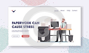 Stress Paperwork Landing Page Template. Deadline Concept. Office Man with Huge Documents Heap and Paper Garbage on Desk