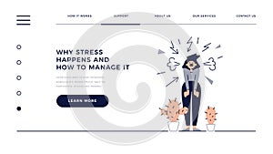 Stress, pressure, panic, mental disorders web template. Screaming angry woman is under the stress. Psychology
