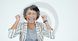 Stress, screaming and woman with frustrated hands in studio for grief, fear or mistake on white background. Anxiety