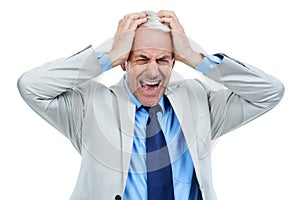 Stress, shouting and senior business man in studio with anxiety, fear or mistake on white background. Screaming, anger