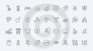 Stress thin line icons set, symbols of anxiety and tiredness, hangover and work burnout