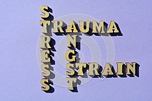 Stress, Trauma, Angst, Strain, words isolated on background