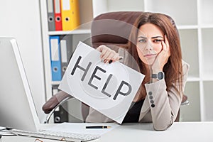 Stress. Unhappy Young Business woman, needs help to manage work