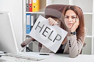 Stress. Unhappy Young Business woman, needs help to manage work