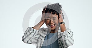 Stress, woman and hands on head in studio for fear, horror or mental health crisis on white background. Anxiety