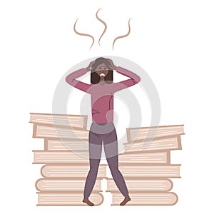 Stress at work. Burnout and fatigue from paperwork and problems. The employee grabs his head from a lot of unresolved