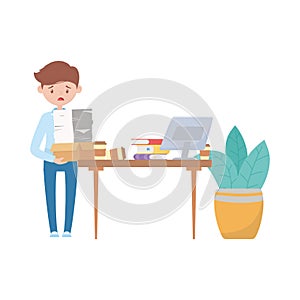 Stress at work, frustrated worker with many documents desk with laptop books