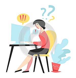 Stress at work, woman at computer, overworking and high workload