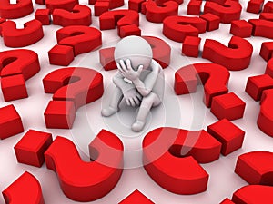 Stressed 3d man sitting amongst red question marks