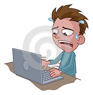 Stressed Anxious Man Using Laptop Cartoon