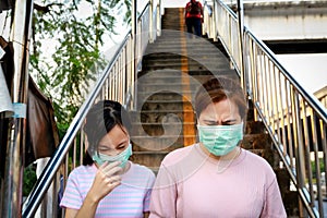 Stressed asian child girl wearing hygienic mask while walking outdoor,allergy to dust,pollution,dirty air,PM 2.5,health care,virus