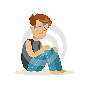 Stressed boy character sitting on tha floor vector Illustration