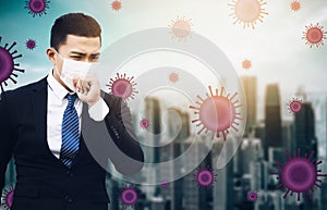 Stressed business man wearing Protection Mask against flu virus  background
