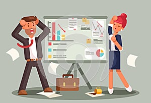 Stressed business people looking at a bad results chart. Business fail. Graph down flat illustration