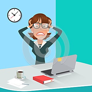 Stressed Business Woman in Office Work Place with Computer.