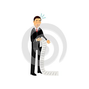 Stressed businessman character looking at long document