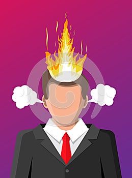 Stressed businessman with hair on fire.