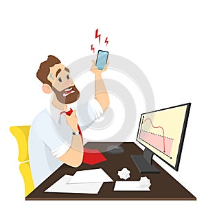 Businessman looking at the falling down graph in panic