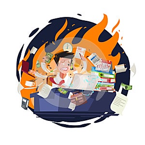 Stressed businessman working quickly and busy with fire in background. character design - vector