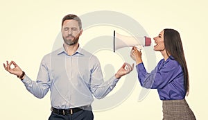 stressed businesspeople shouting and meditating isolated on white.