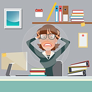 Stressed Businesswoman in Office Work Place with Computer and Documents.