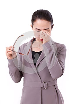 Stressed businesswoman suffers from headache, mental sickness