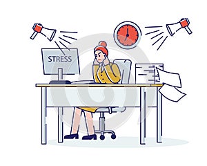 Stressed businesswoman on workplace. Overloaded female office worker overworked