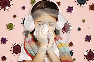 Stressed child wearing Protection Mask against flu virus  background