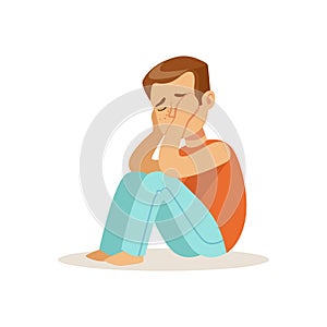 Stressed crying boy character sitting on floor vector Illustration