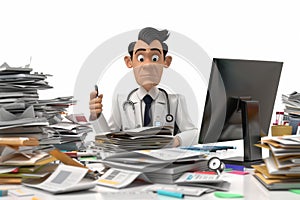 Stressed doctor looking at overwhelming paperwork. Burdens of healthcare documentation