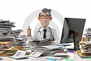 Stressed doctor looking at overwhelming paperwork. Burdens of healthcare documentation photo