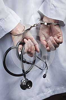 Stressed Doctor or Nurse In Handcuffs Holding Stethoscope