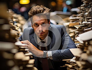 Stressed employee drowning in paperwork