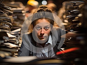 Stressed employee drowning in paperwork