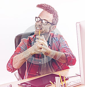 Stressed entrepreneur with punk hair expressing breakdown with punching hands