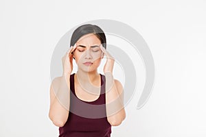Stressed Exhausted asian japanese Woman Having Strong Tension Headache. Portrait Of Sick Girl Suffering From Head Migraine, Feelin