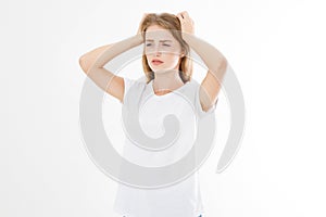 Stressed Exhausted caucasian Woman Having Strong Tension Headache. Portrait Of Sick Girl Suffering From Head Migraine, Feeling Pr