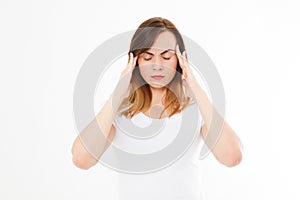 Stressed Exhausted caucasian Woman Having Strong Tension Headache. Portrait Of Sick Girl Suffering From Head Migraine