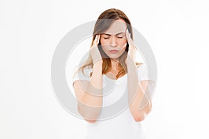 Stressed Exhausted caucasian Woman Having Strong Tension Headache. Portrait Of Sick Girl Suffering From Head Migraine